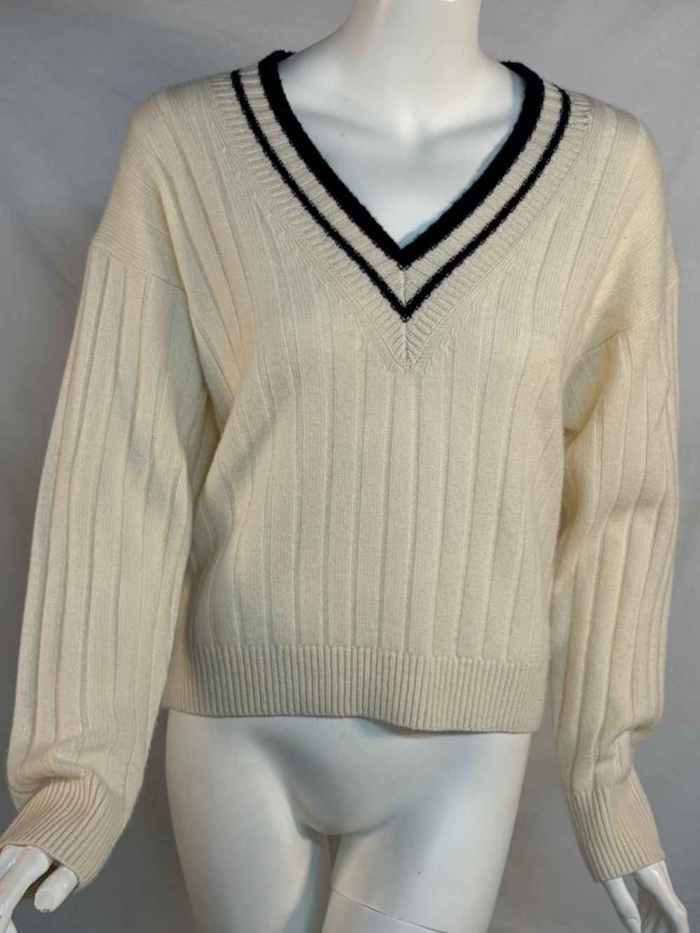 White + Warren Cream V-Neck Sweater with Navy Double-Stripe Trim - Picture 2 of 8